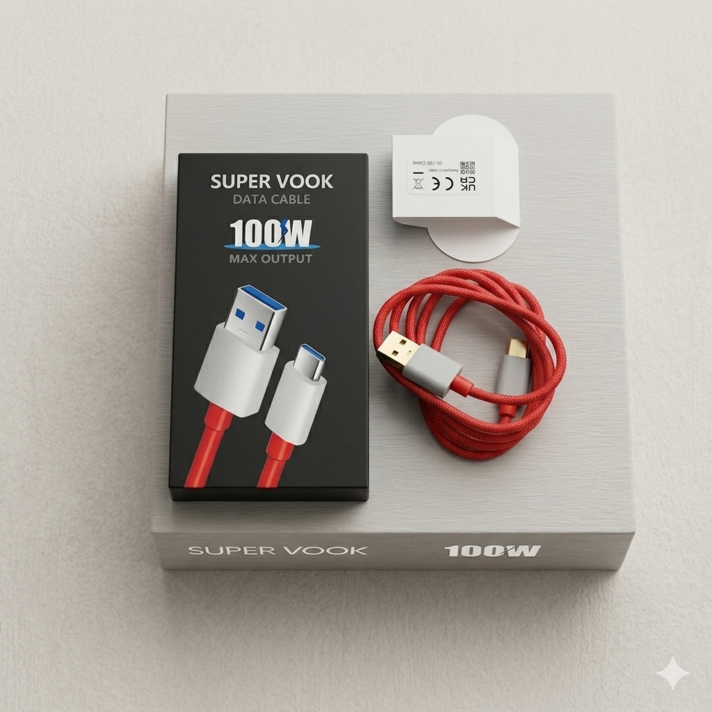 Gemini_Generated_Image_gtalnqgtalnqgtal Super VOOK 100W Fast Charging USB to Type-C Cable | High Speed Data Sync | Durable Red Cable - Image 1